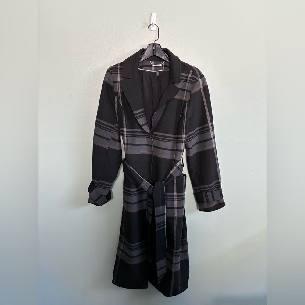 White House Black Market Women's Black Plaid Long Trench Coat Sz XL